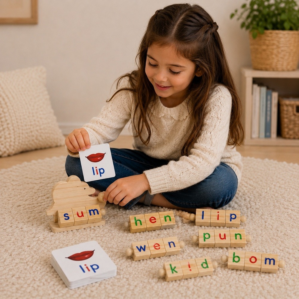 Wooden CVC Word Spelling Game Montessori Educational Toy with Flashcards & Bag